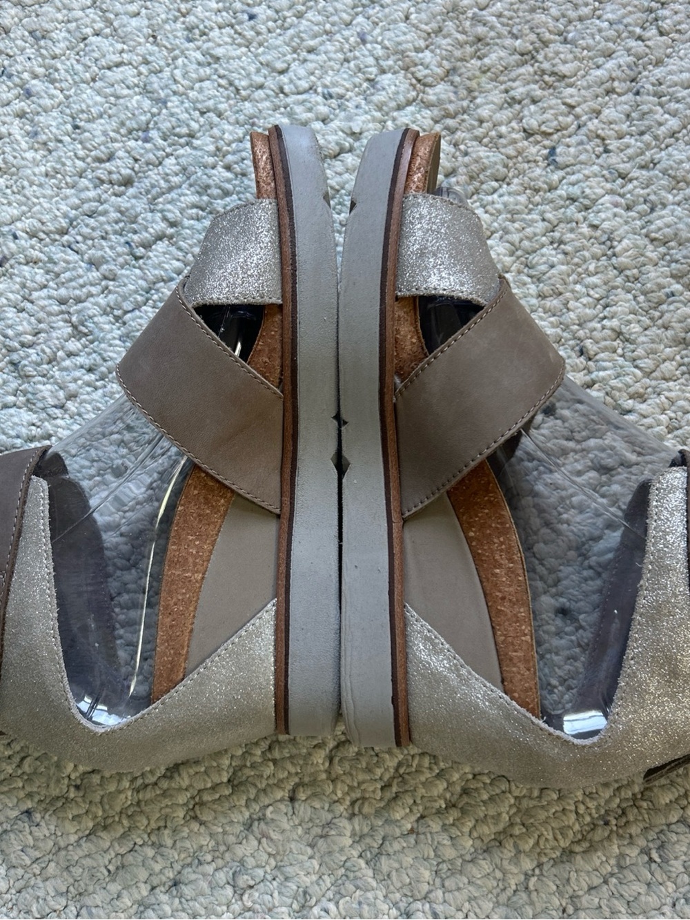 OTBT Taupe and Silver Wedge Sandals with Clear Panel